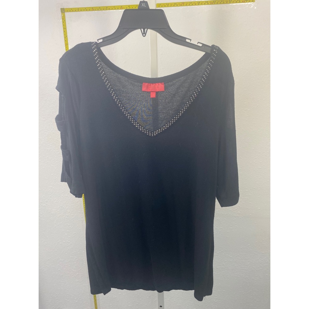 Jennifer Lopez Womens Black Studded V-Neck Ladder Cutout Sleeve Knit Top Size L